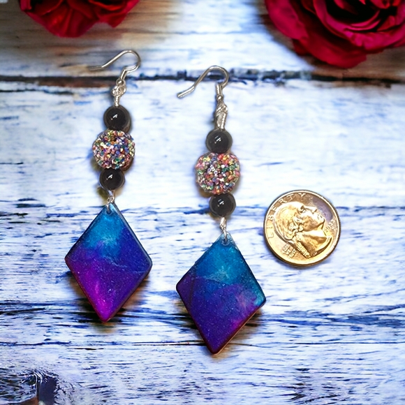 Resin/Purple and Blue Diamonds Dangle/ Black Glass Beads/ Confetti Disco ball - Picture 3 of 3